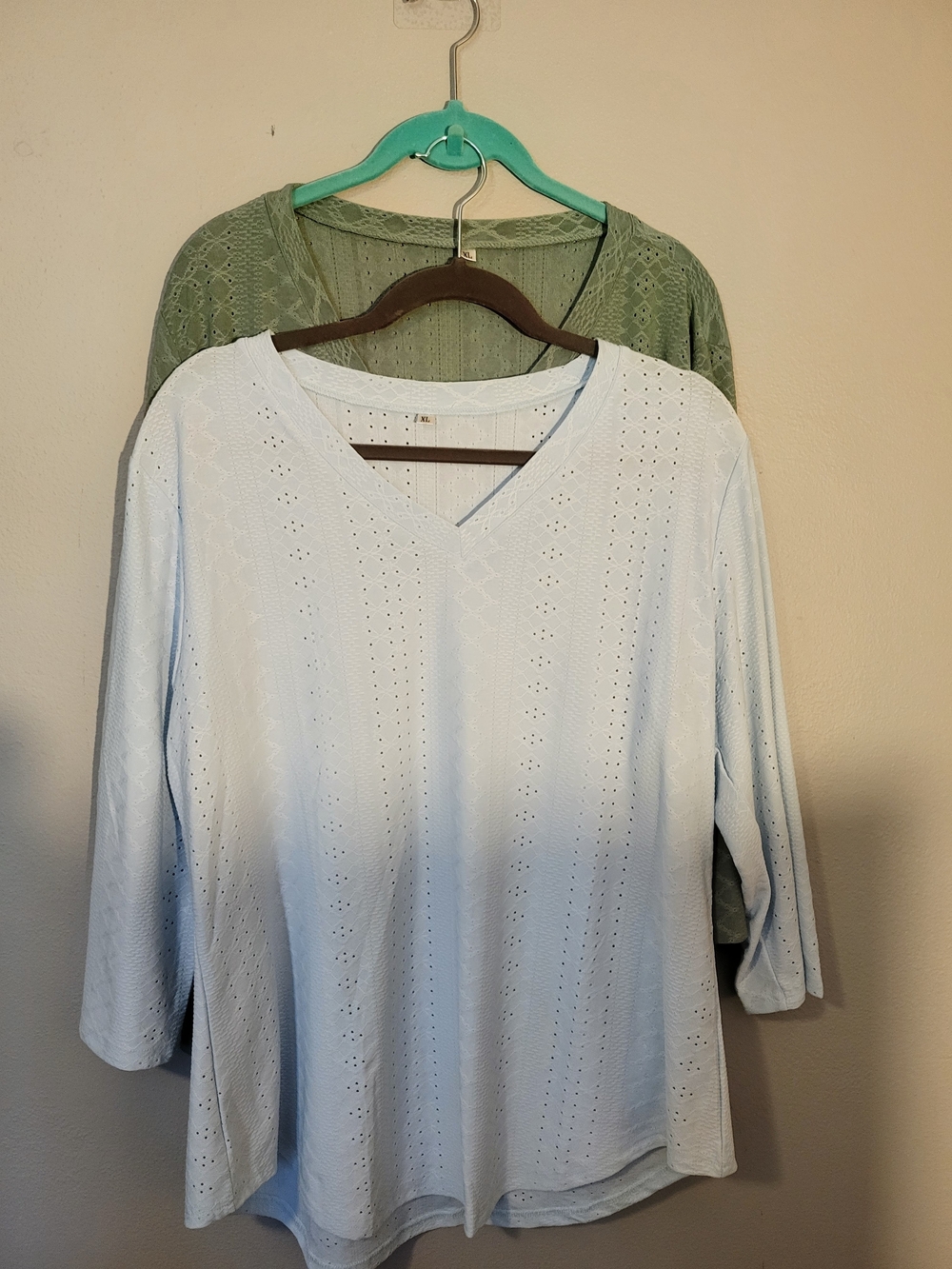 2 Pack-Light Blue & Sage Eyelet V-Neck 3/4 Sleeved Tops